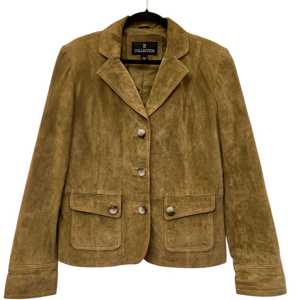 B Collection Green Genuine Leather Jacket Blazer Button Front Size L - Picture 2 of 6